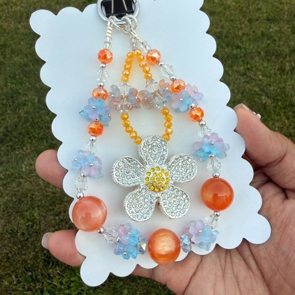 Rhinestone Flower Phone Wristlet UV Color Change Glass Bead Keychain Handmade